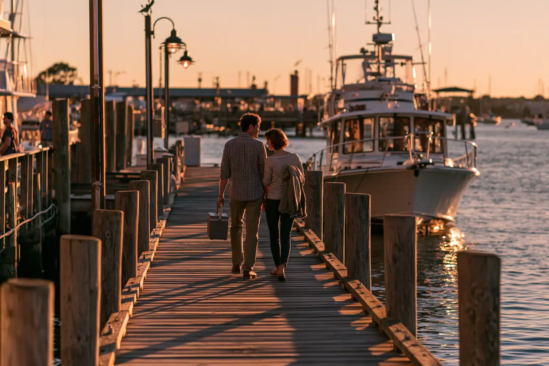 Two people seen from behind walking side by side down a wooden dock at sunset toward a moored cabin cruiser, one carrying a small cooler and one a jacket