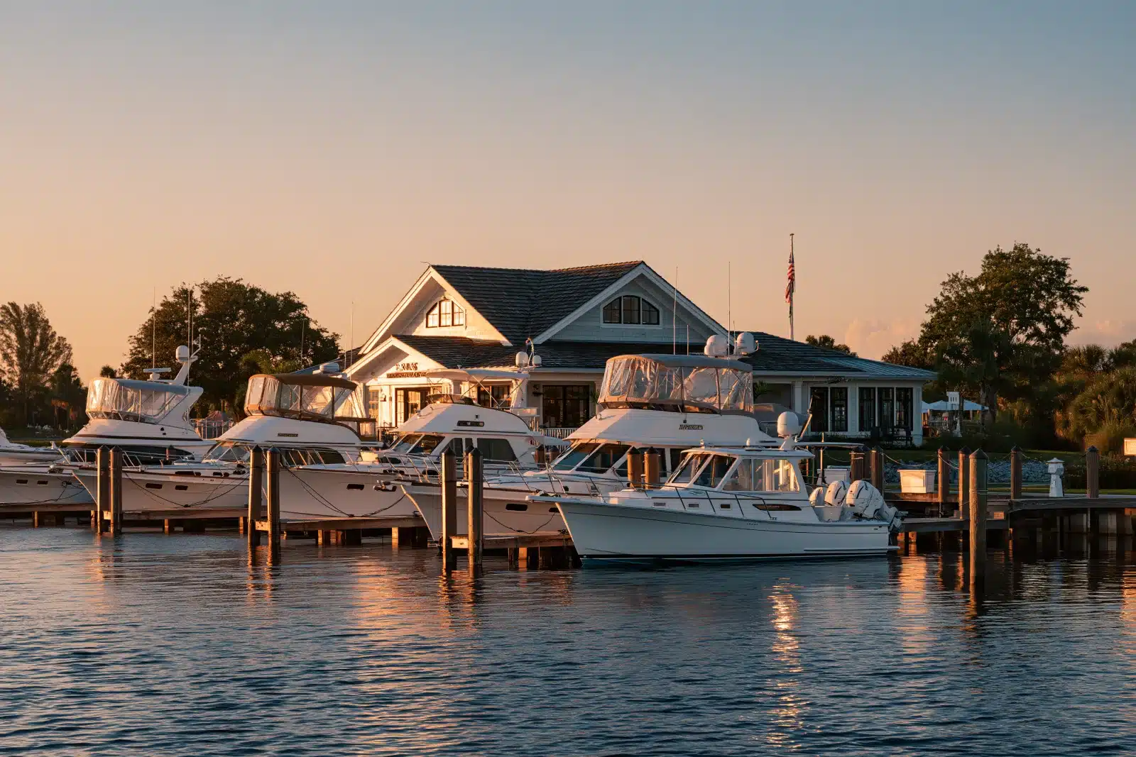 Three white cabin yachts and a center-console boat tied in wooden slips at sunset, with a shingled brokerage office, flagpole and palm trees behind