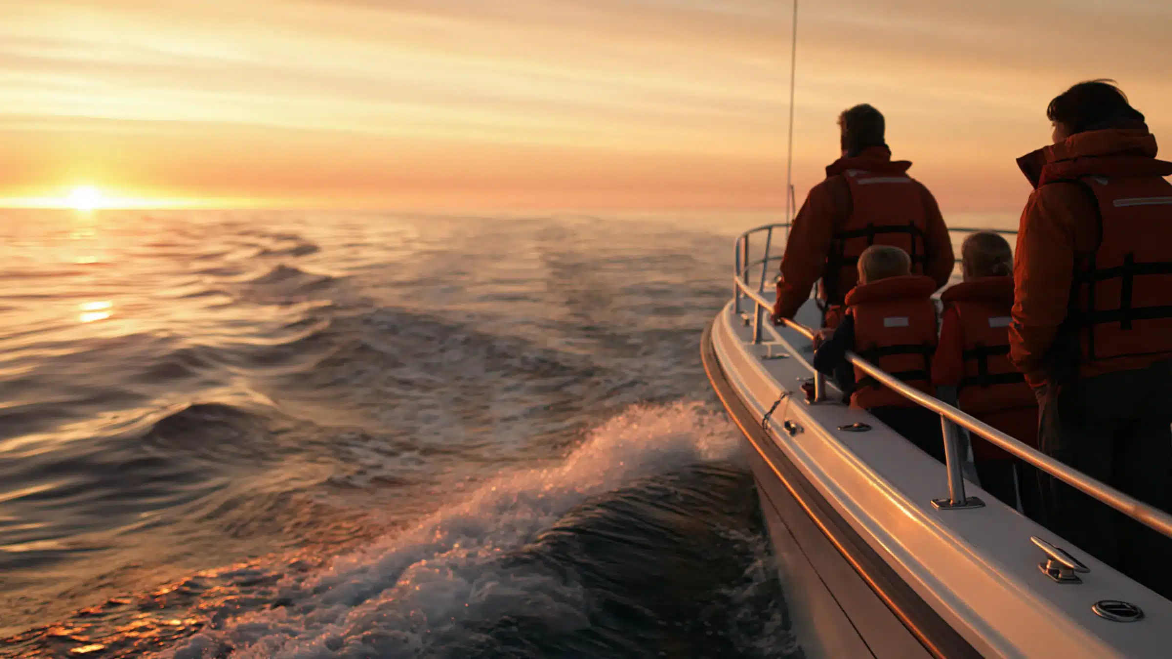 A parent, another adult and two children in orange life jackets standing at the bow rail of a white boat at sunrise, seen from behind, looking toward a gold sun on the ocean horizon