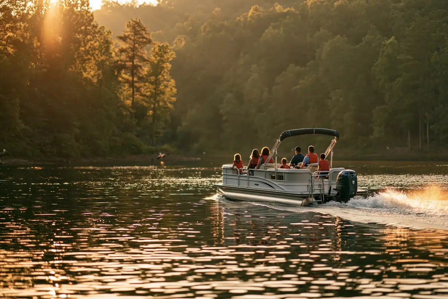 A family in orange life jackets riding a pontoon boat with its outboard motor running and a wake behind it, across a wooded lake at golden hour