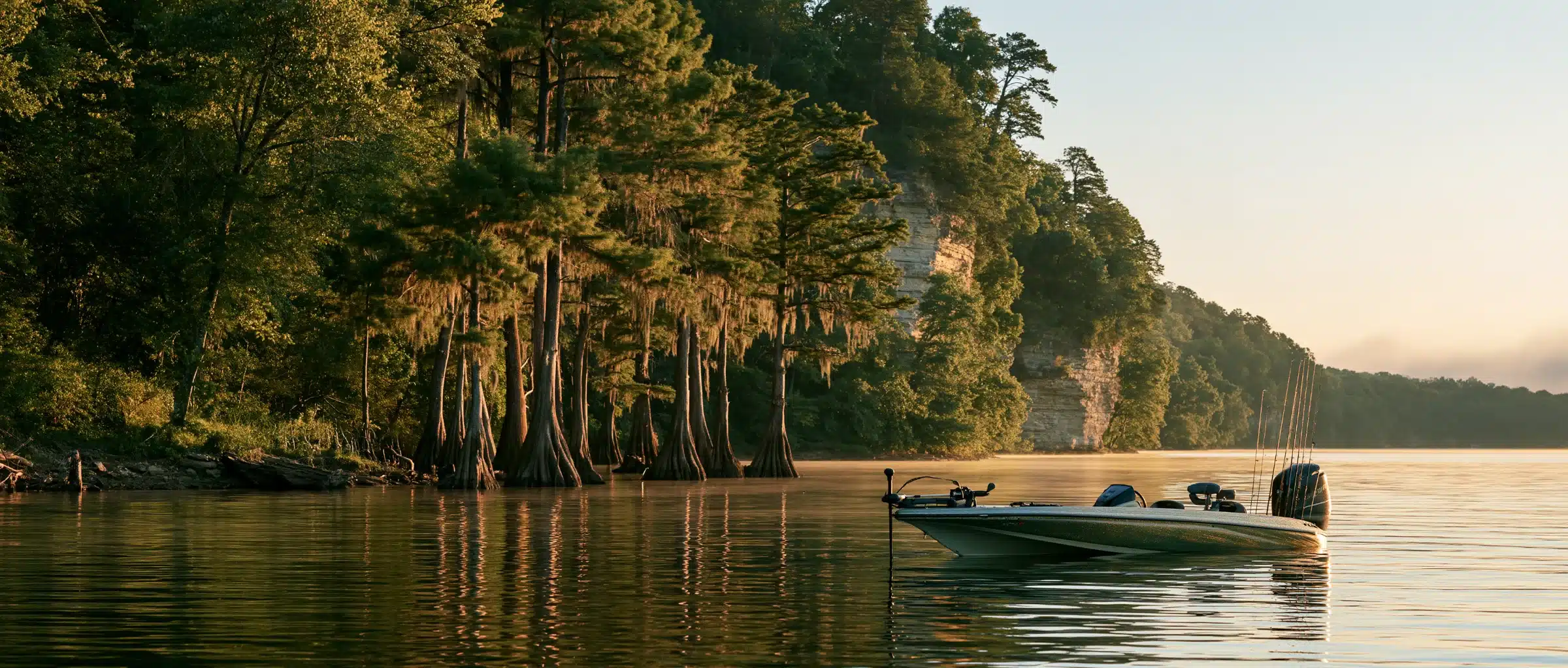 A bass boat on a calm Alabama lake at sunrise, with bald cypress trees and a sandstone bluff along the shore