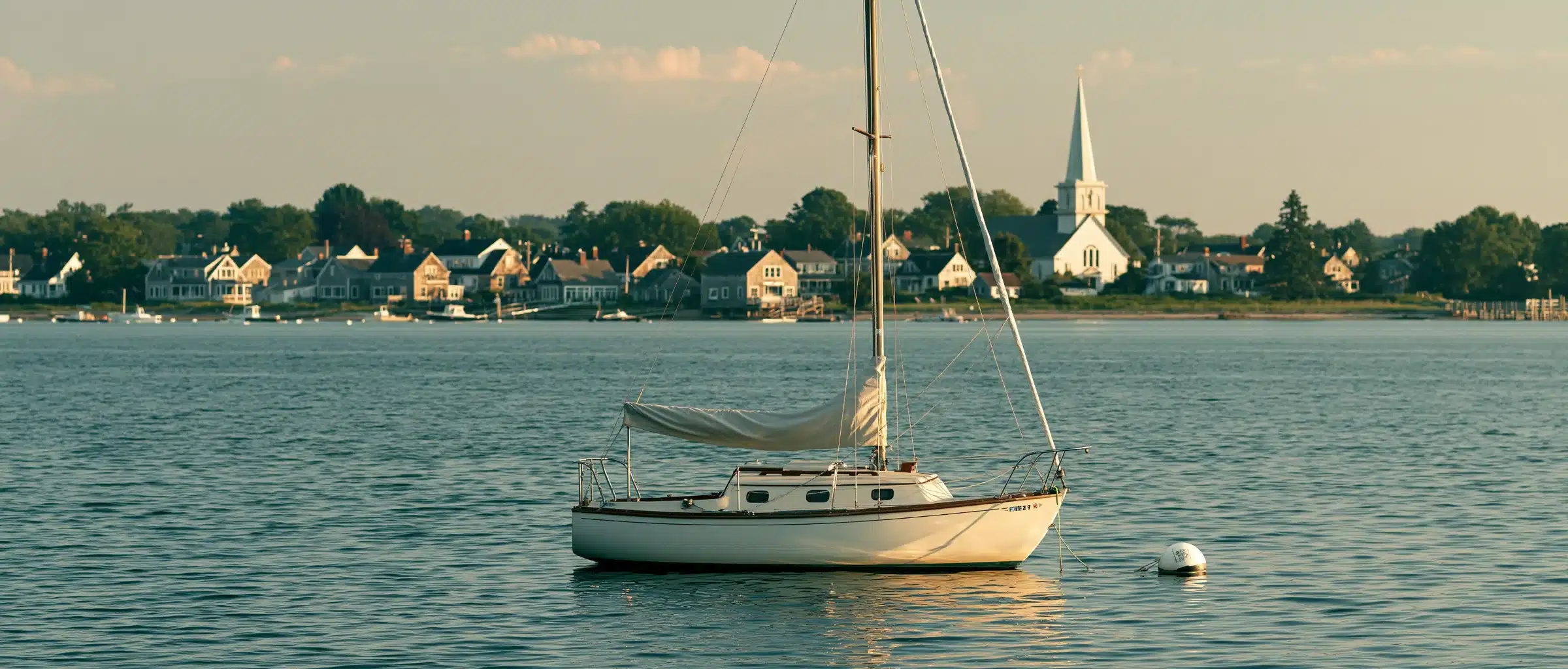 A sloop on a mooring in calm water off a New England shore with shingled cottages and a white church steeple at golden hour