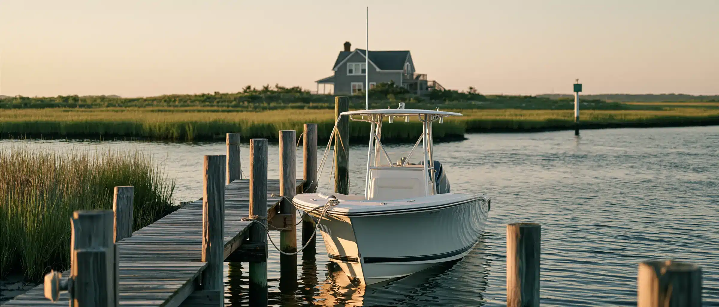 A center console boat tied to a weathered wooden pier in a tidal salt marsh channel, with a shingled cottage and a channel marker at sunset