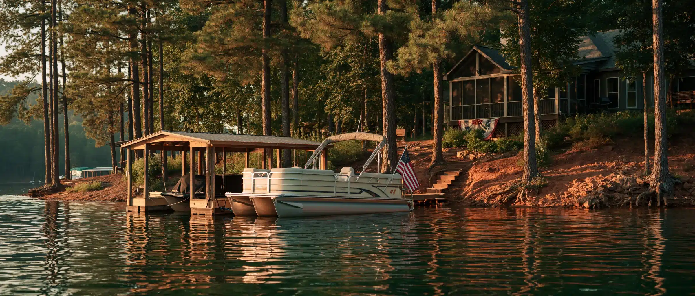 A pontoon boat at a covered boathouse on a Georgia lake, with tall pines, a red clay bank and a screened-porch lake house at sunset