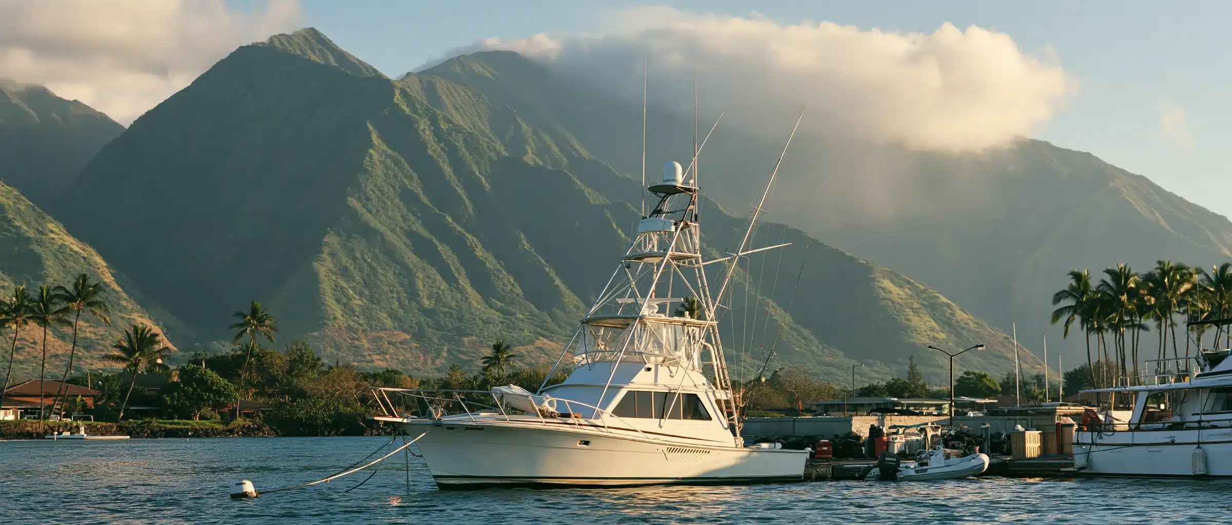 A sportfishing boat with a tuna tower moored in a Hawaiian harbor beneath green volcanic mountains and palms in evening light