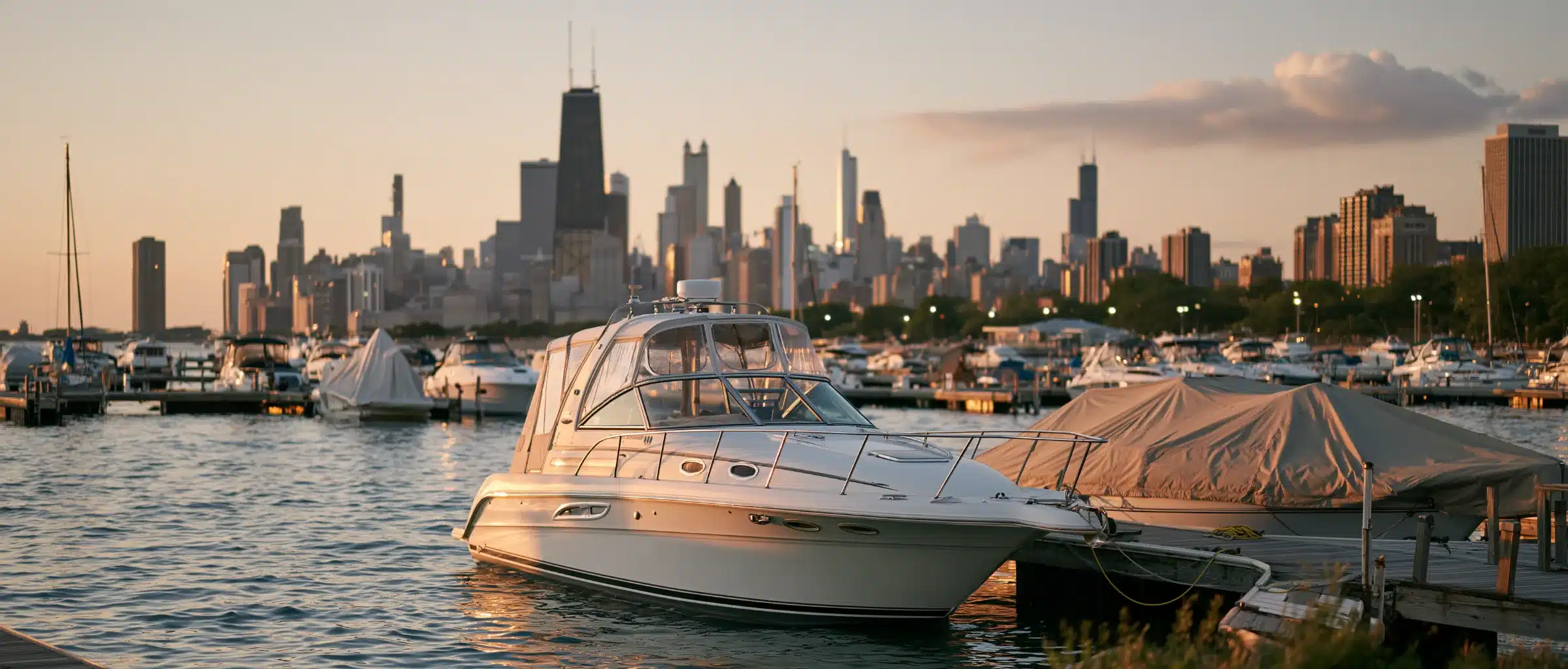 An express cruiser tied at a Lake Michigan harbor dock with the Chicago skyline behind it at sunset