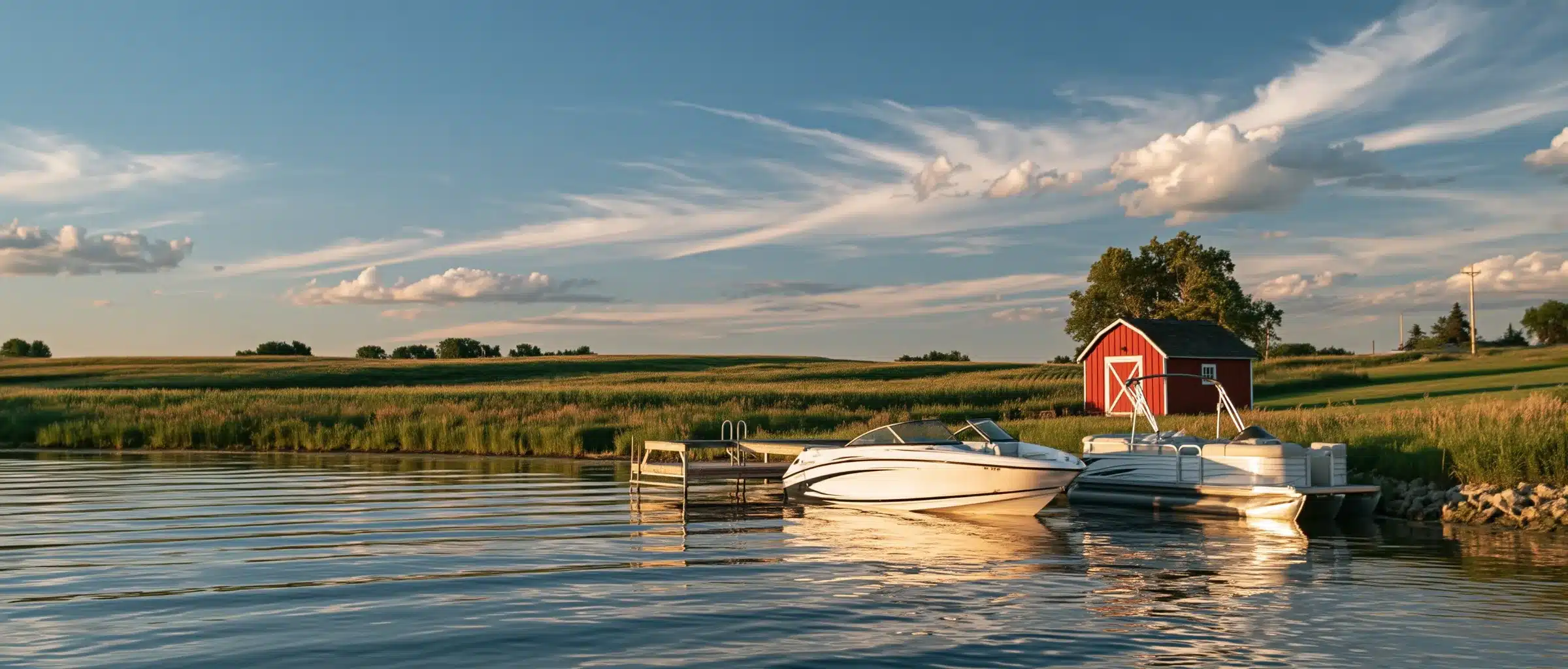 A bowrider and a pontoon boat tied at a small dock on an Iowa prairie lake, with a red barn and grassy shoreline at sunset