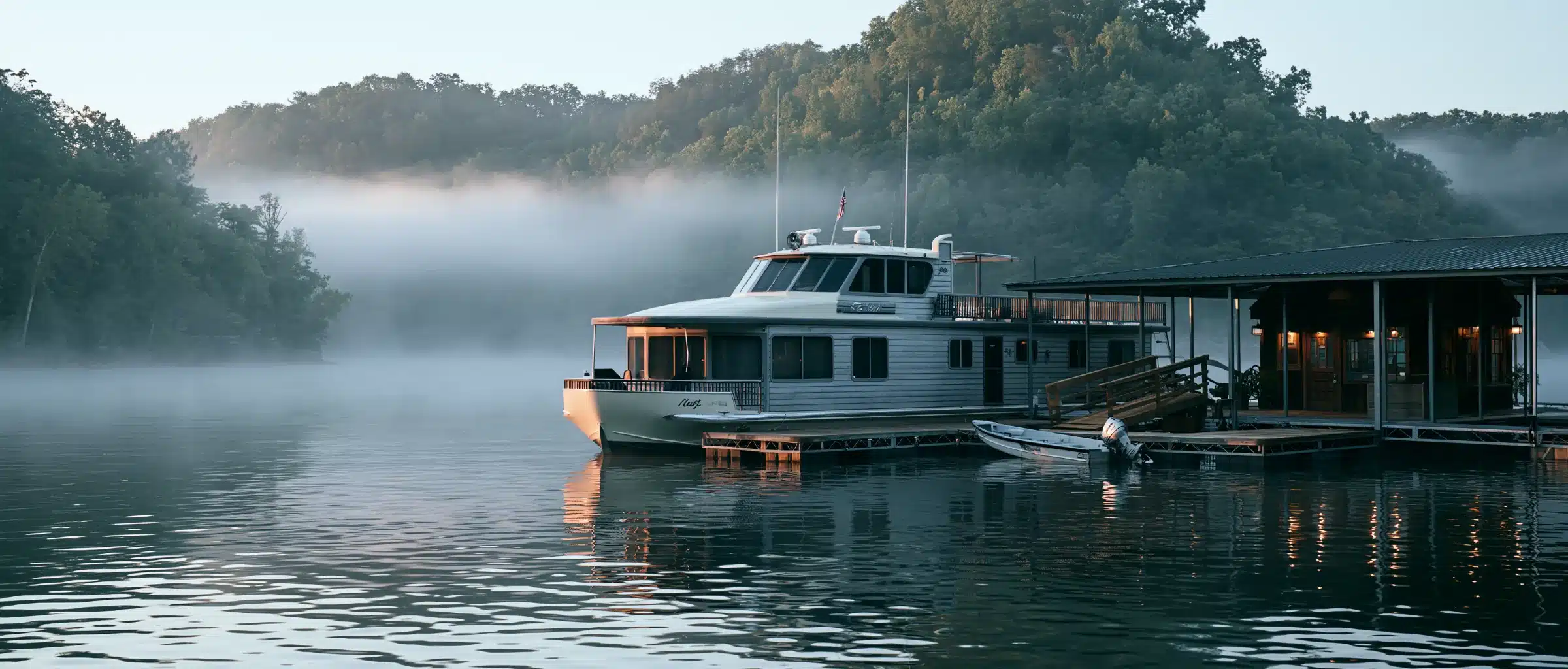 A houseboat moored at a floating marina dock on a Kentucky lake at dawn, with fog and forested hills behind