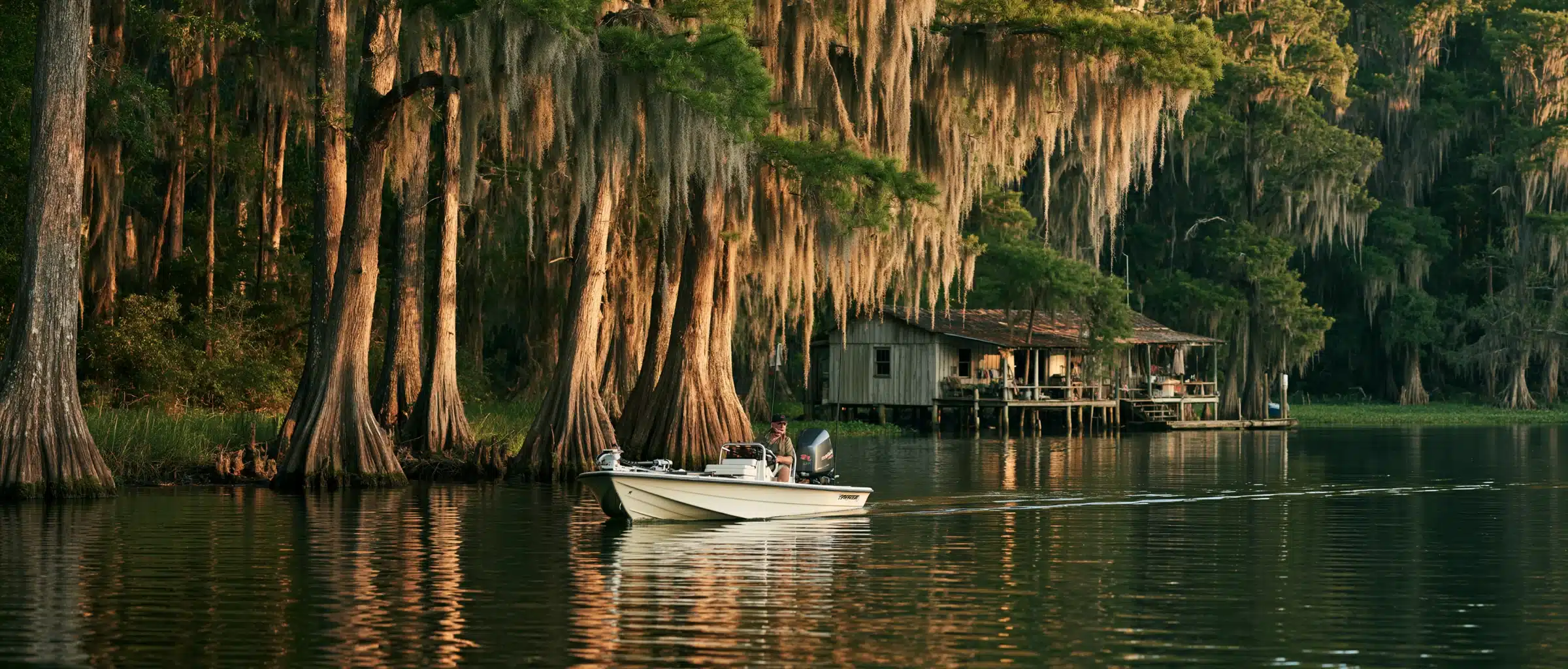 A bay boat running slowly past moss-draped bald cypress toward a weathered stilted camp on a Louisiana bayou in evening light