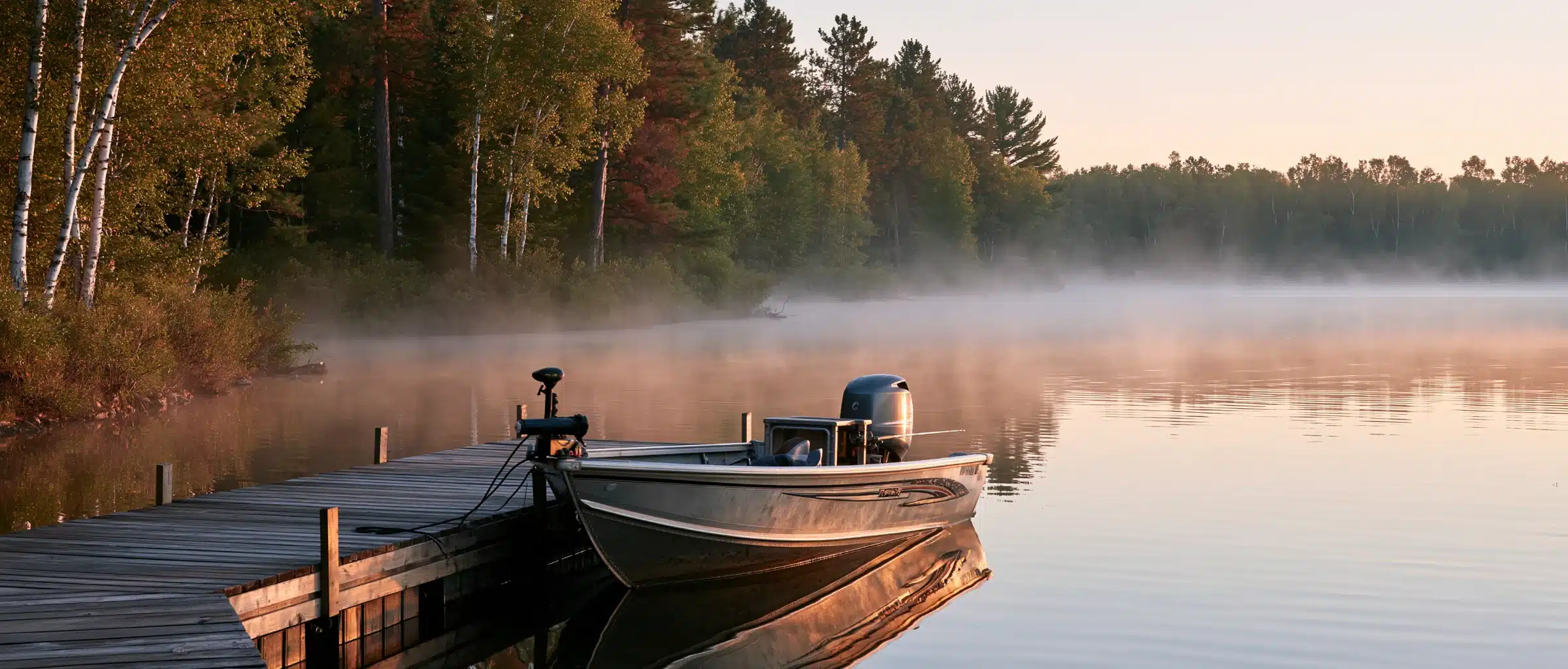 An aluminum fishing boat tied to a weathered wooden dock on a misty Northwoods lake at sunrise, with white birch and red pine along the shore
