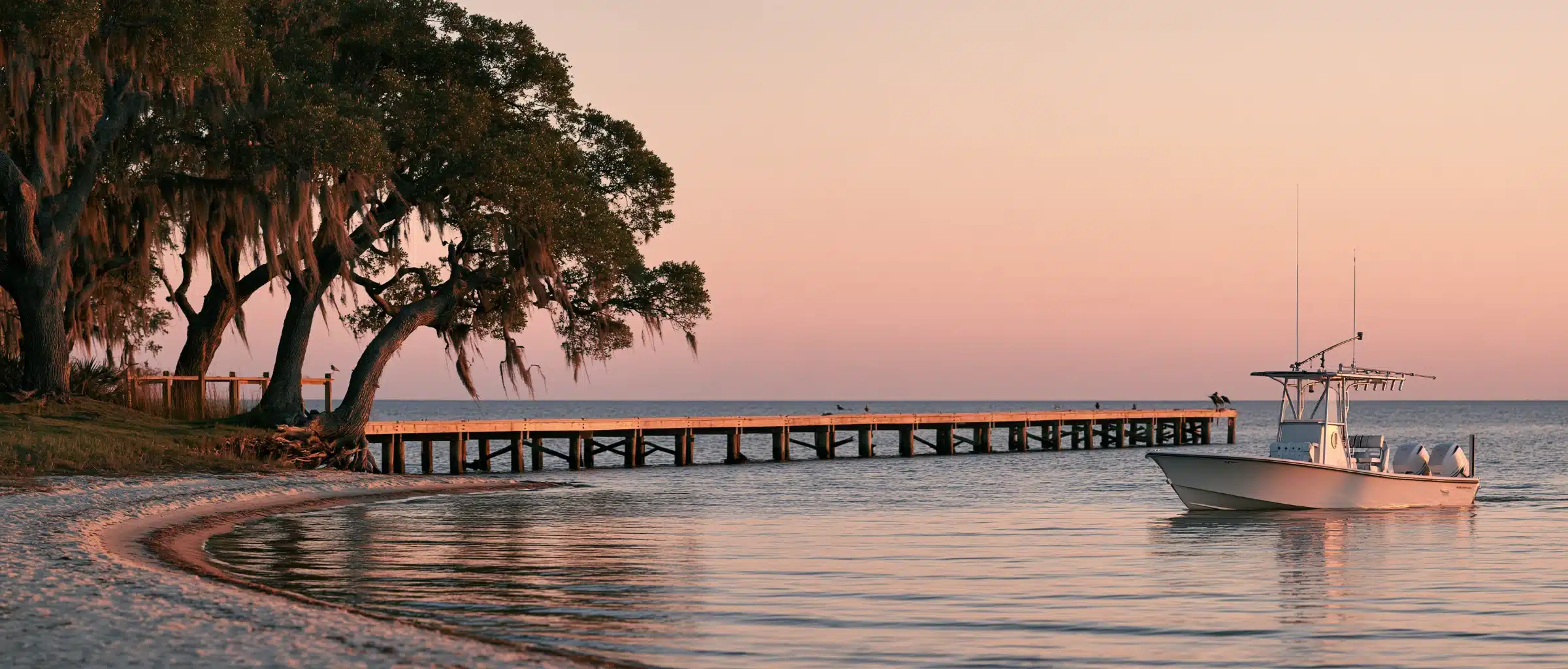 A white center console boat with a T-top on calm Gulf water at sunrise, with a long wooden pier, live oaks hung with Spanish moss and a white sand beach