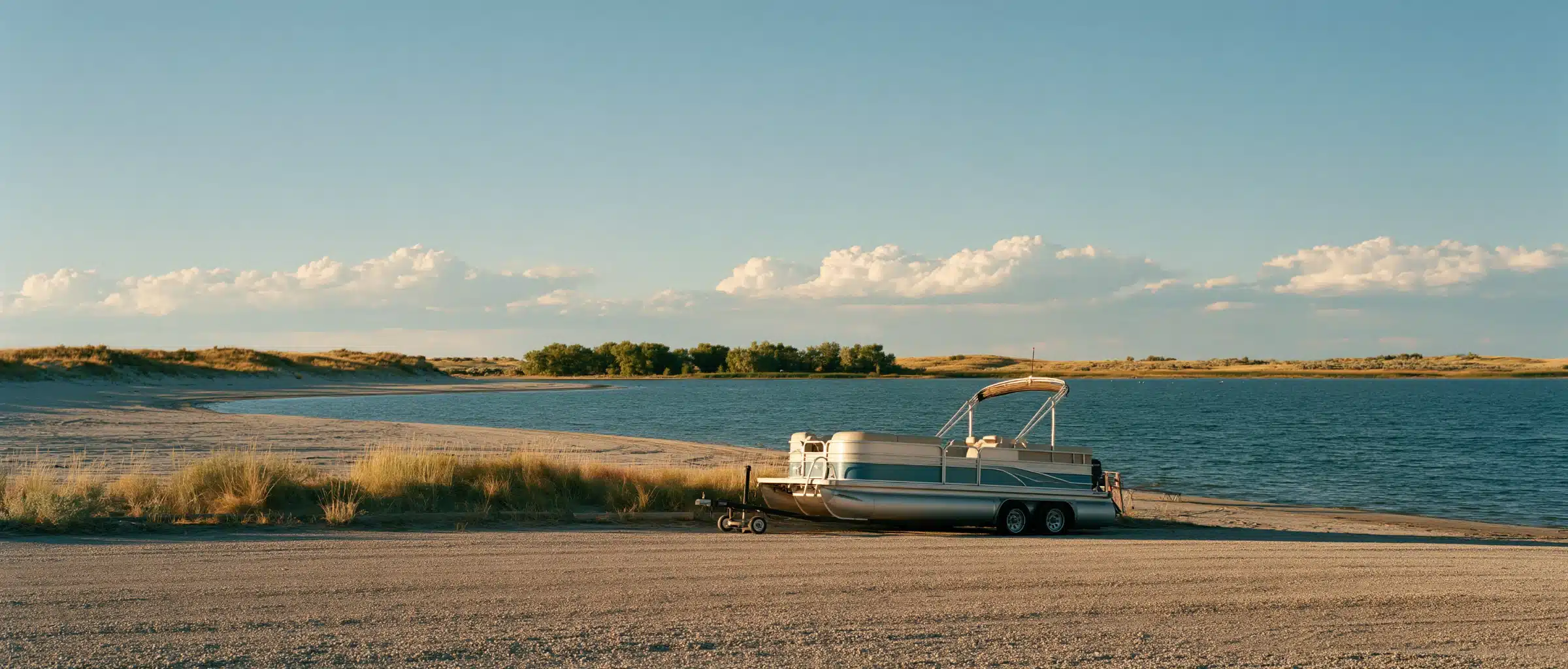 A pontoon boat on a tandem-axle trailer at a sandy lakeshore in the Nebraska Sandhills, with dune grass, a wide blue reservoir and a big Plains sky