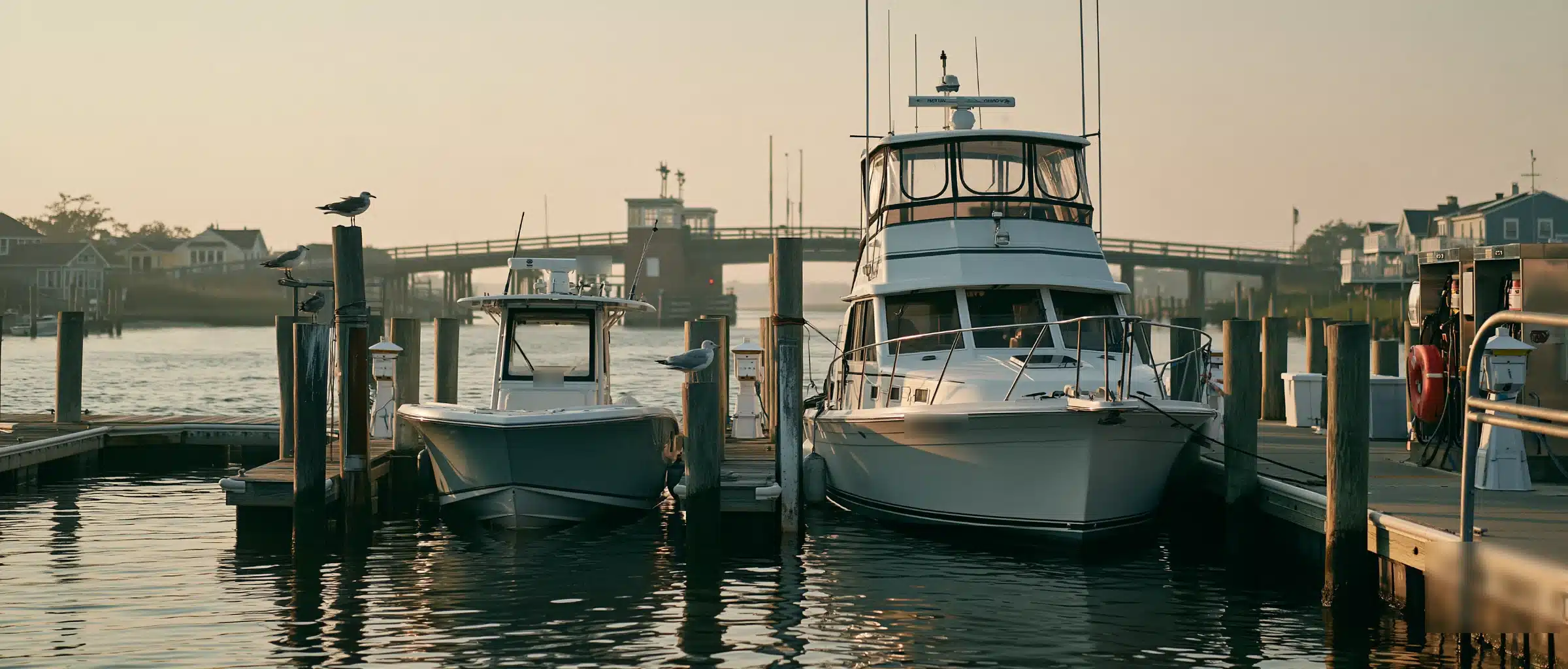 A flybridge cruiser and a center console tied in slips at a Jersey Shore marina, with a low drawbridge, beach houses and gulls on the pilings in hazy morning light