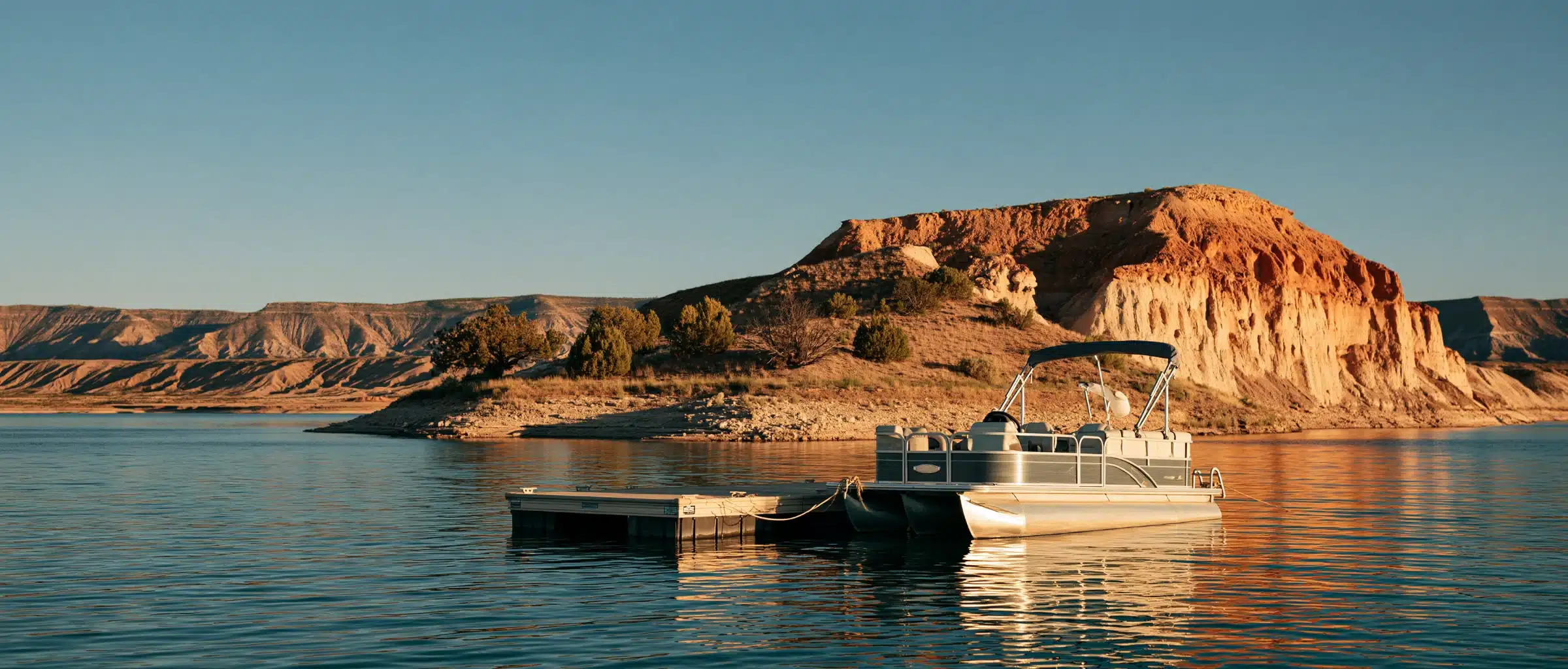 A pontoon boat with a bimini top tied to a floating dock on a New Mexico reservoir, below red sandstone bluffs at sunset