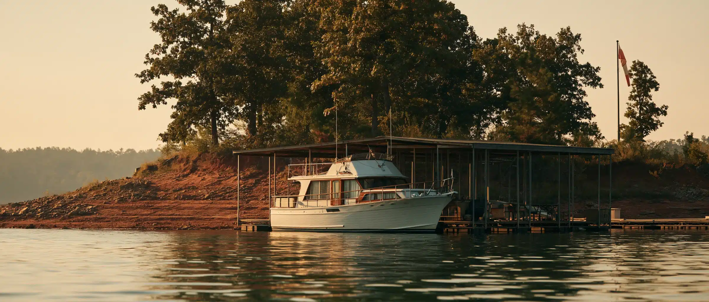 A wood-trim cruiser tied under a steel-roofed covered dock on a red-clay lake shore with oaks and pines