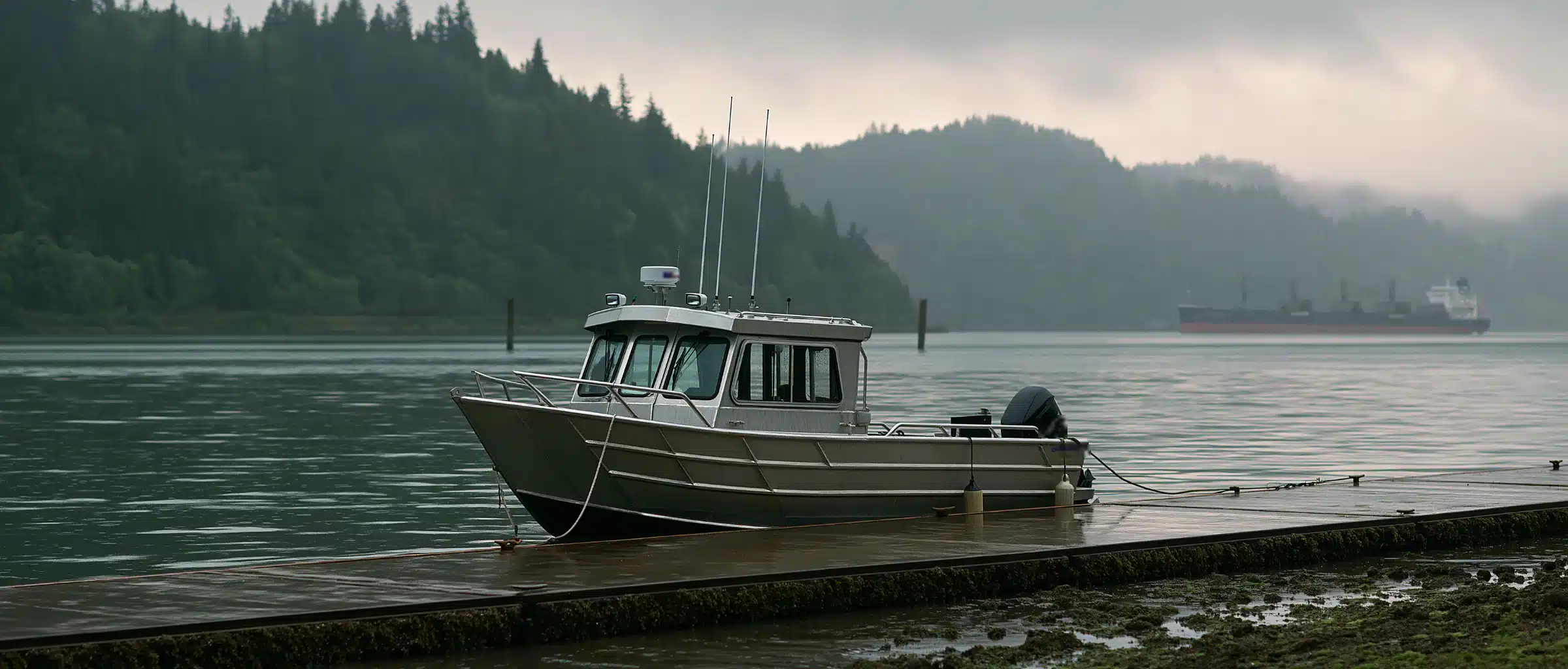 An aluminum cabin boat tied to a floating dock on the Columbia River, with forested hills in low cloud and a cargo ship in the channel