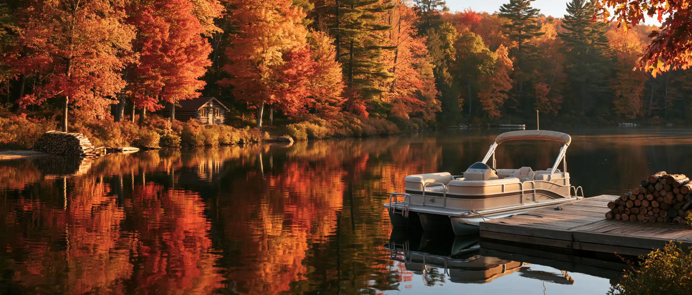 A pontoon boat with a bimini top beside a wooden dock on a still lake in autumn, with maples, pines and a log cabin on the shore