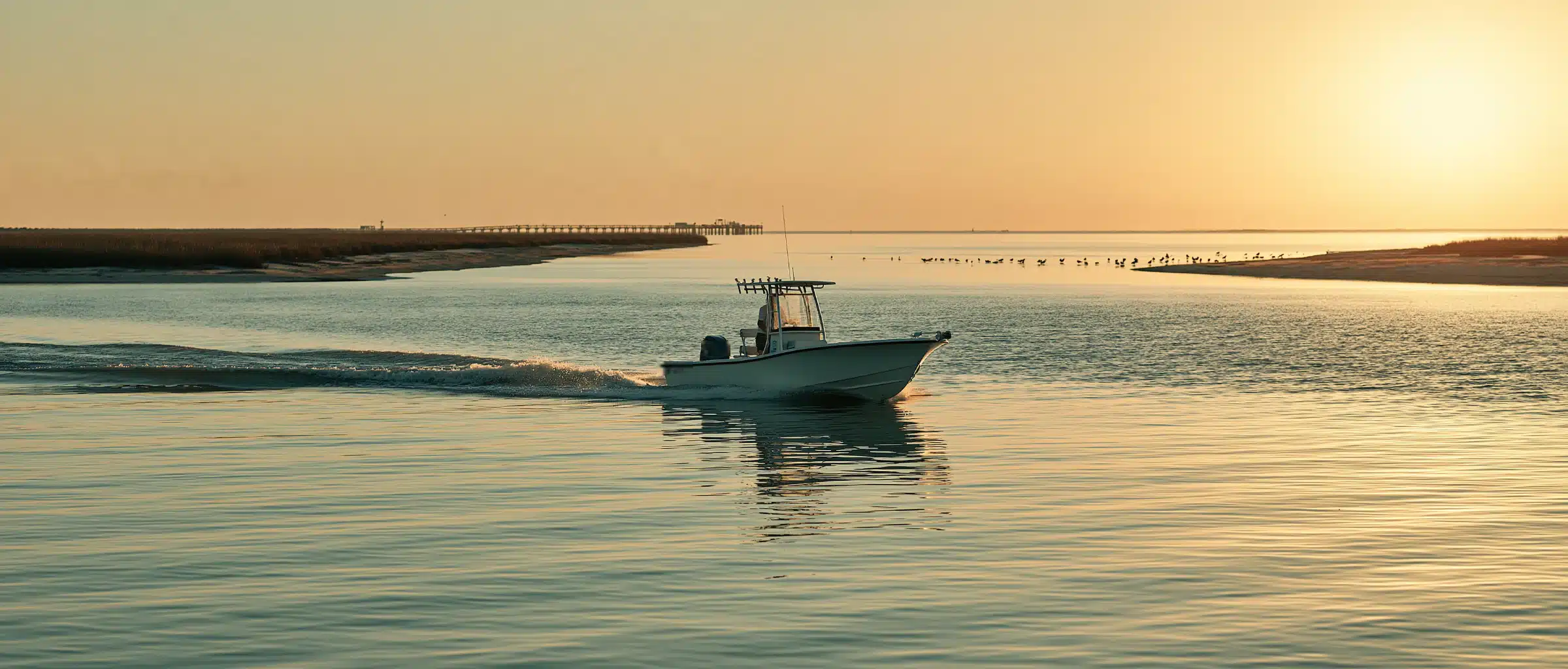 A center console boat with a T-top running a shallow Gulf Coast bay at sunset, past a marsh shoreline, a sandbar with shorebirds and a fishing pier