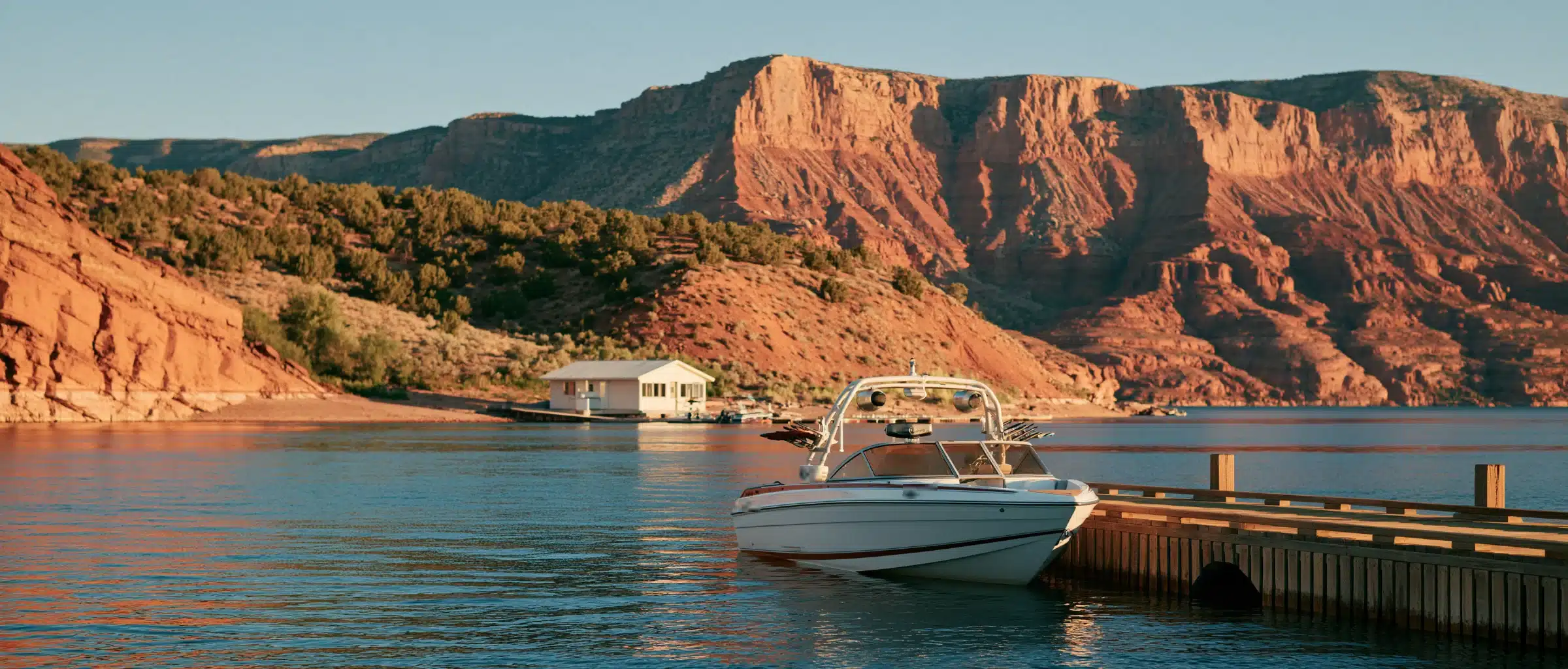A wake-style ski boat tied at a wooden dock on a blue reservoir below red sandstone cliffs, with juniper, sage and a small boathouse