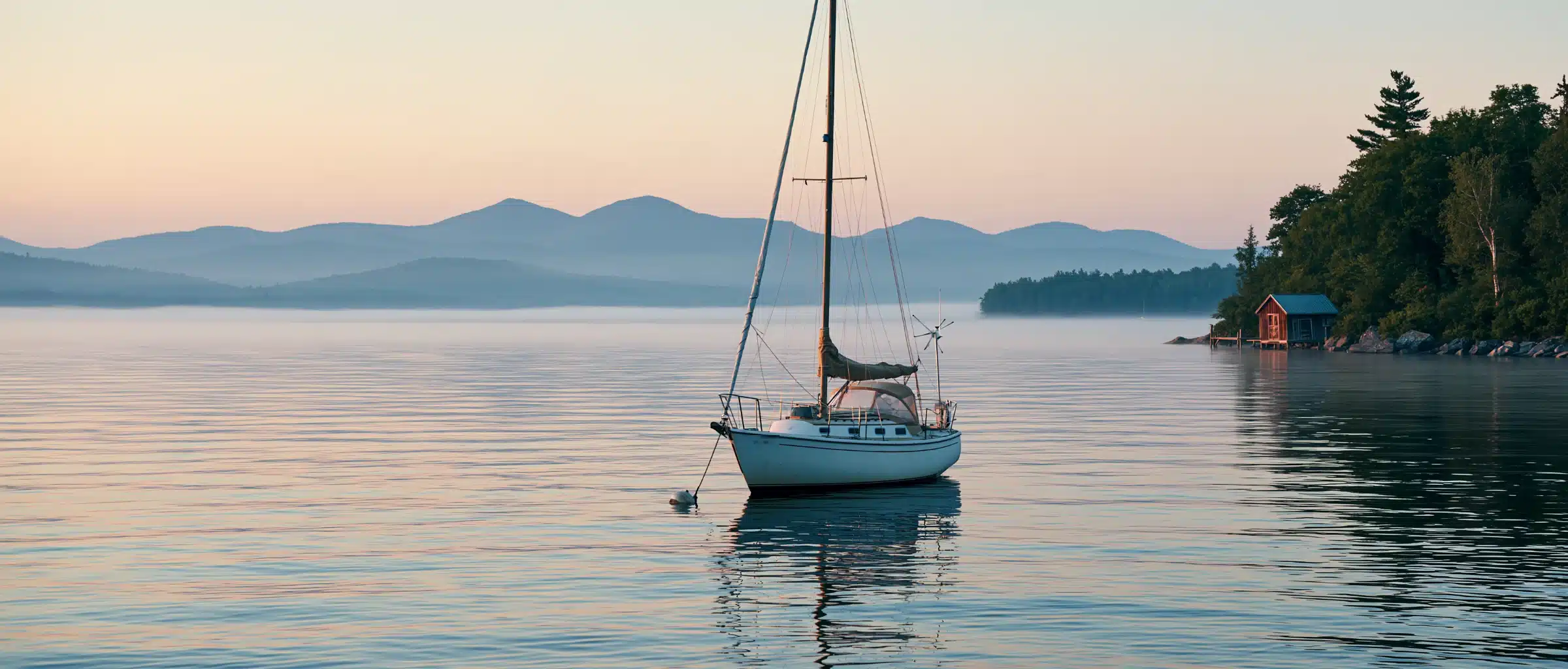 A sloop on a mooring on a calm misty lake at dawn, with blue hills across the water and a small red boathouse on a wooded point