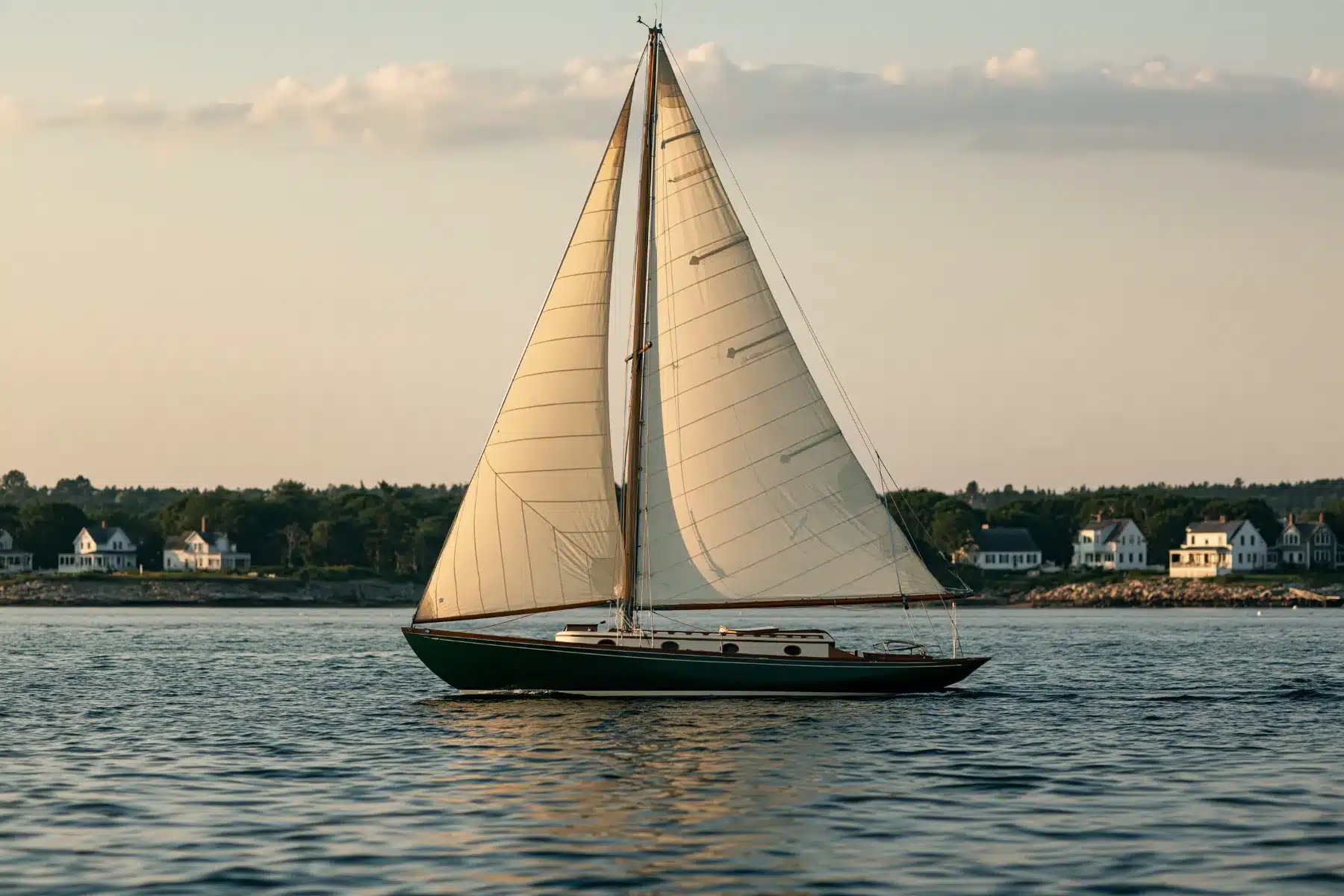 A classic wooden sloop with a dark green hull and cream sails sailing across a calm New England harbor, white clapboard houses on the rocky shore behind