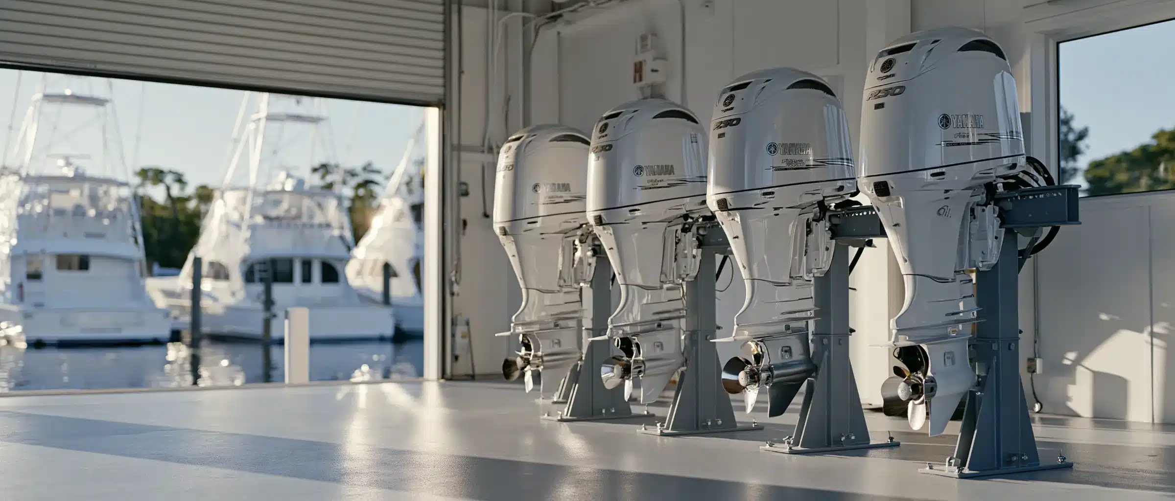 Four used white Yamaha F250 outboards on gray steel stands in a marine repower shop, the roll-up door open to sportfishing boats at a marina