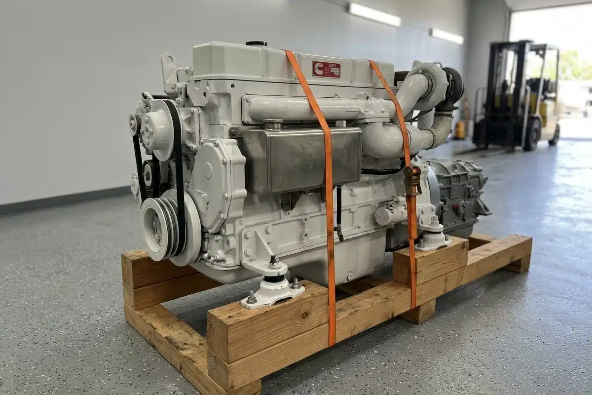 A used white Cummins marine diesel engine with a gray marine transmission, strapped to a wooden shipping skid on a boatyard shop floor