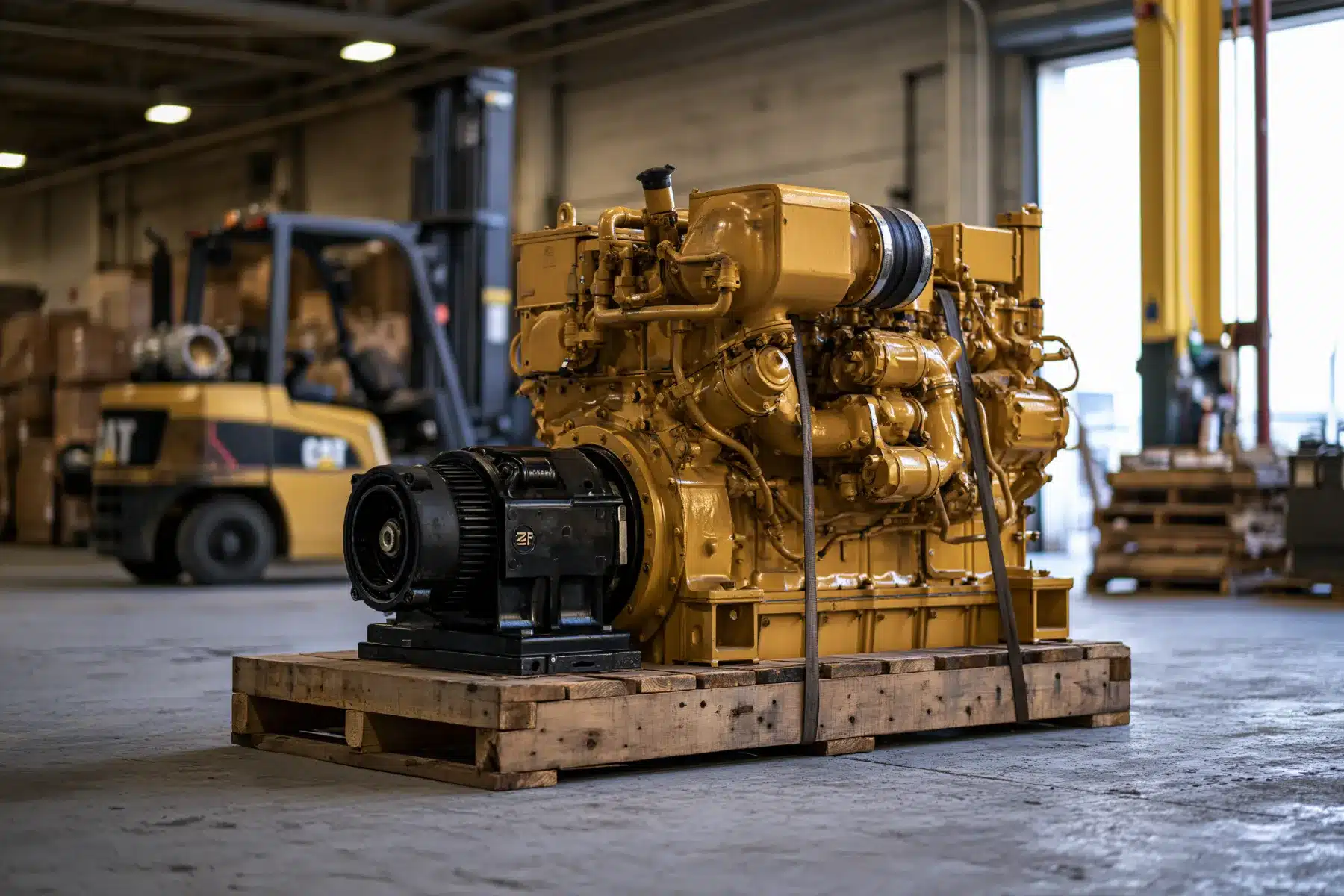 A used yellow Caterpillar marine diesel engine with a black ZF transmission bolted to its rear, strapped to a wooden pallet in a boatyard shop