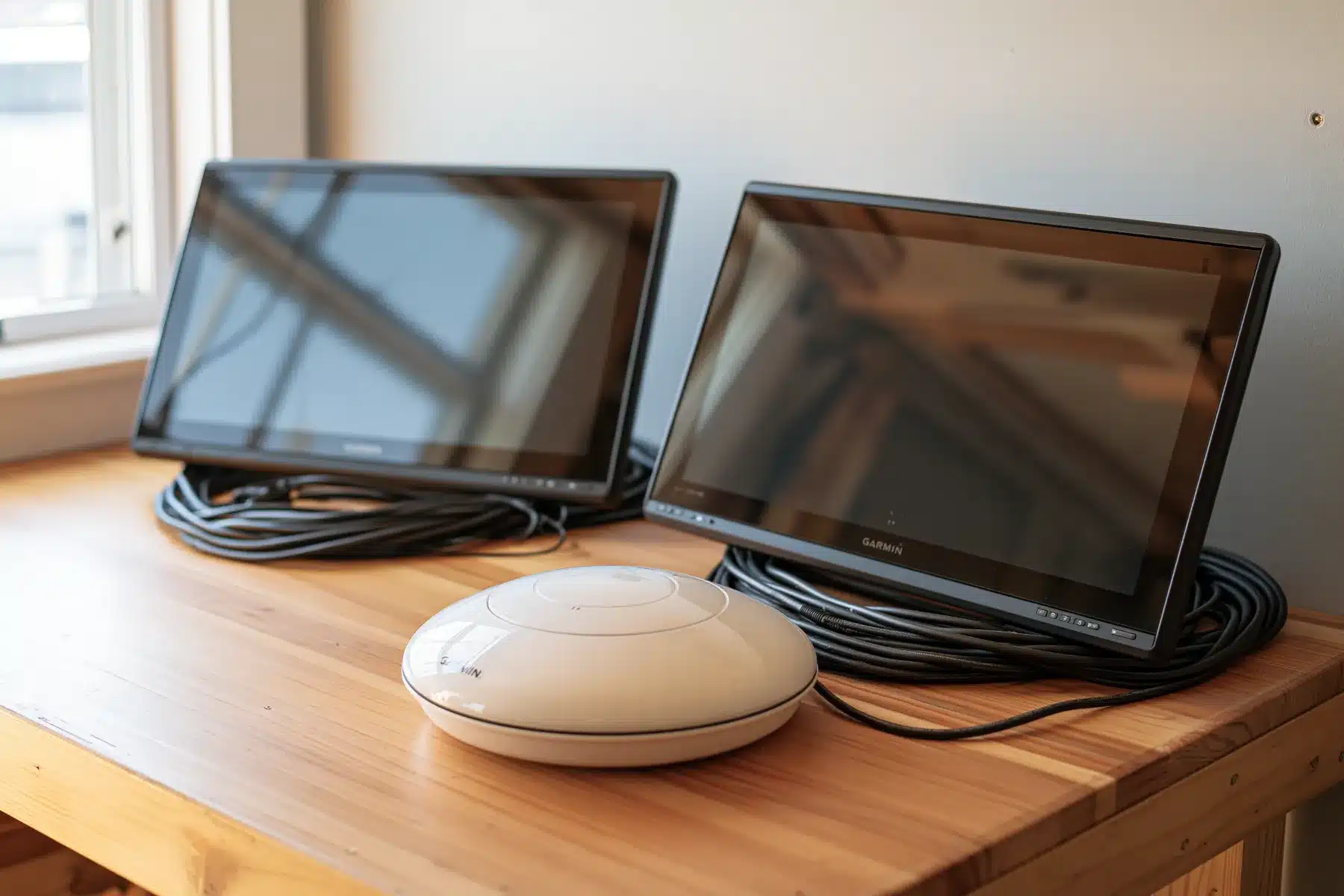 Two used Garmin marine displays and a white Garmin radar dome on a wooden workbench, with their cables coiled beside them