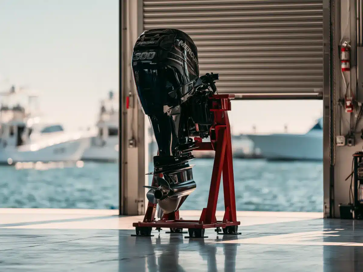 A used black Mercury 300 outboard on a red engine stand in a marine shop, the roll-up door open to a sunny marina