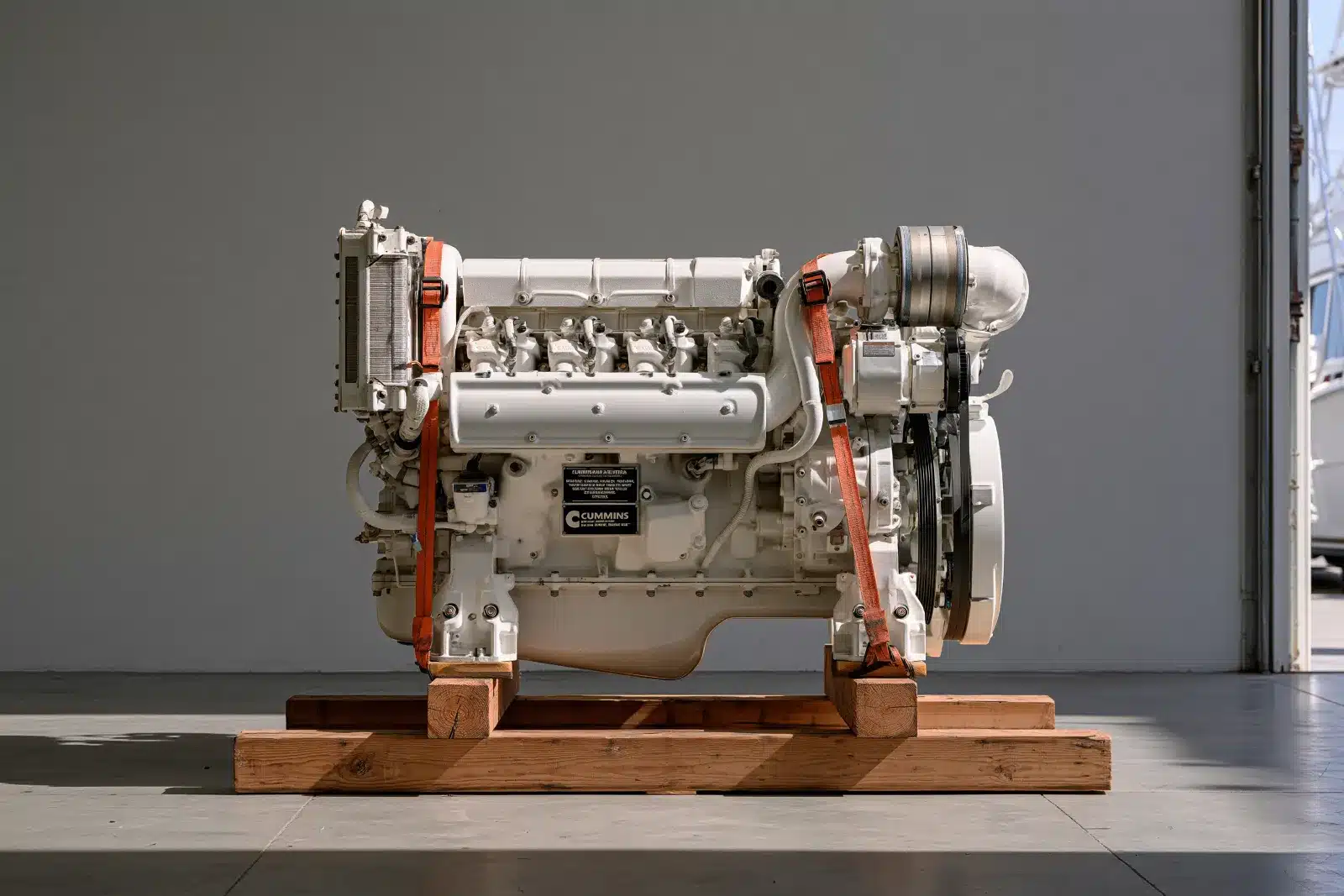A used white Cummins marine diesel engine with its mount feet on wooden blocks, strapped to a shipping skid in a boatyard shop