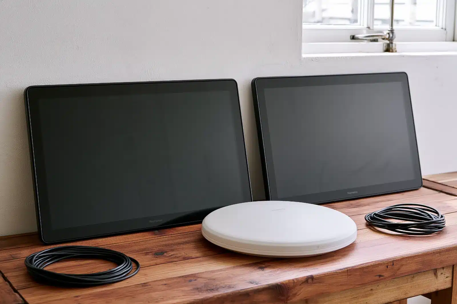 Two used Raymarine marine displays leaning against a white wall on a wooden workbench, with a white Furuno radar dome and coiled cables in front