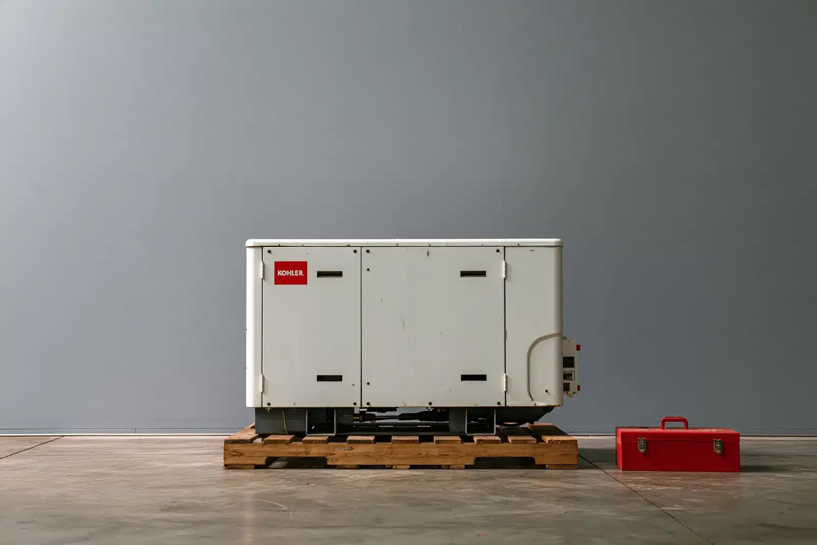 A used white Kohler marine generator in its sound shield on a wooden pallet, a red toolbox beside it for scale
