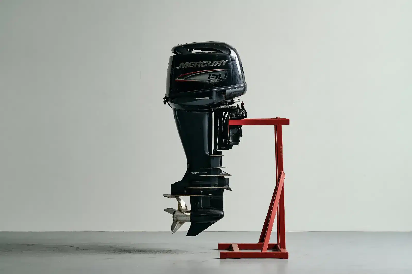 A used black Mercury 150 FourStroke outboard mounted on a red steel outboard stand against a plain gray wall