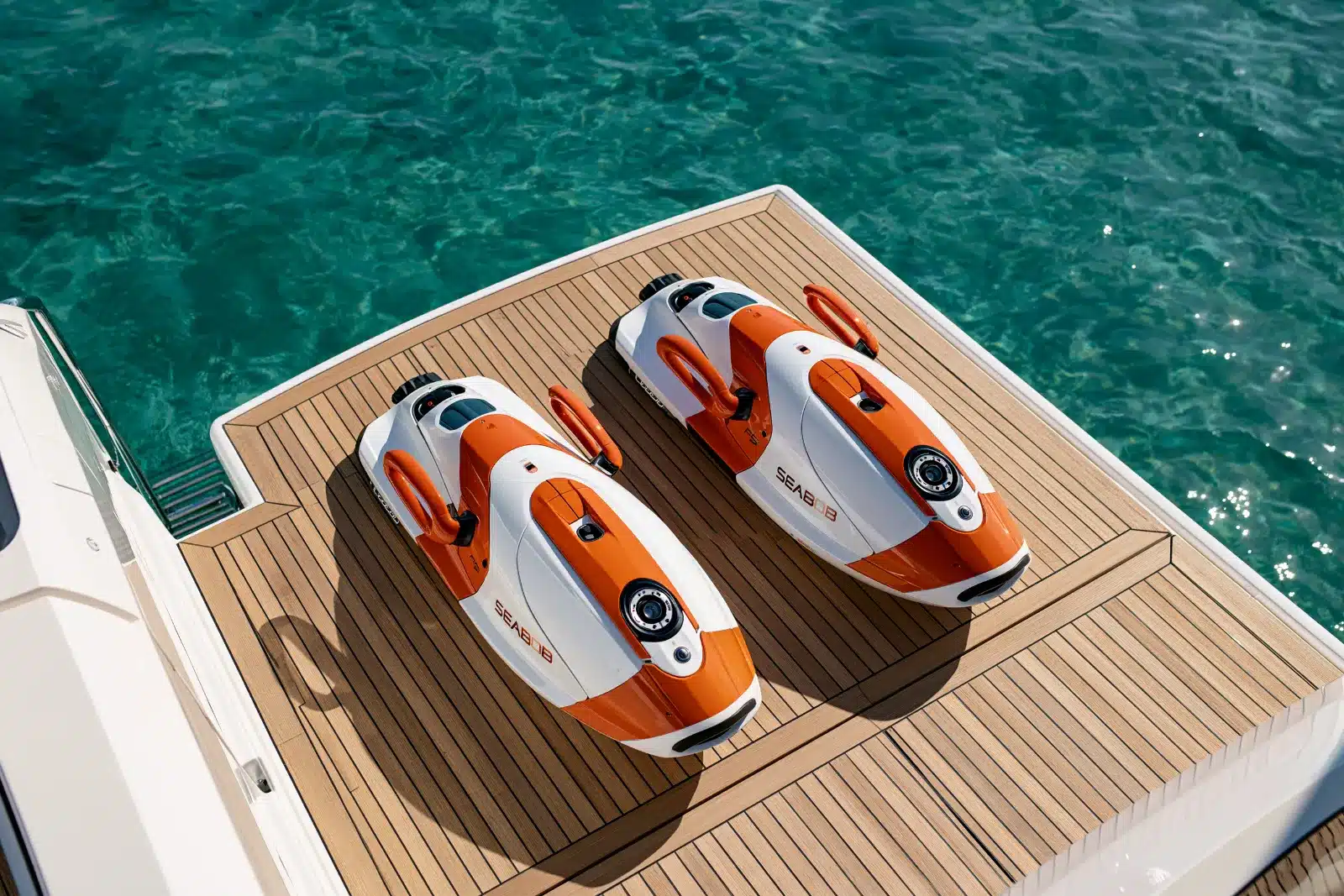 Two orange and white SEABOB underwater scooters lying on the teak swim platform of a yacht above clear turquoise water